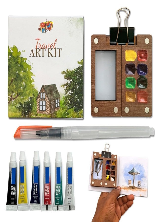 The Crafthives Compact Travel Watercolor Painting Kit | Mini Wooden Palette with Watercolor Tubes, Brush Pen, Sketchbook & Clip | Portable Art Set for Artists & Hobbyists, with color | For kids and Adults - Image 1